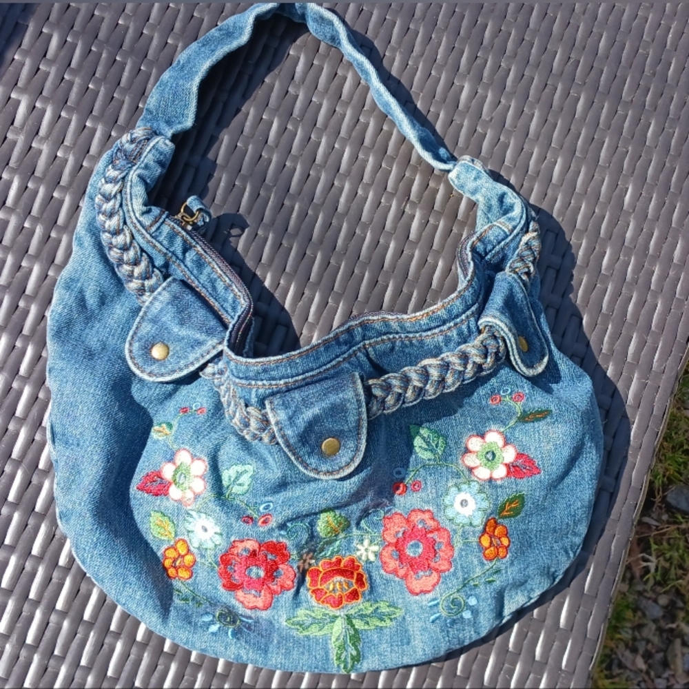 Vintage Rare 80s Embroidered Braided Denim Slouch Handbag